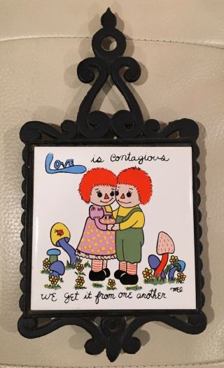 Raggedy Ann & Andy Vintage Cast Iron & Porcelain Tile Trivet/wall Hanging 1970’s