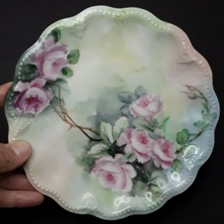 Vintage A.  Lanternier Limoges Hand Painted Plate with Pink Roses 7 