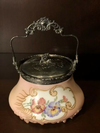 Antique Hand Painted Pairpoint Crown Milano Satin Glass Biscuit Or Cracker Jar