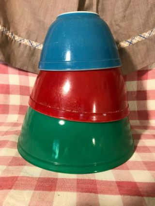 Vtg 3 Pyrex Nesting Mixing Retro Red Blue Green Bowls 1950 