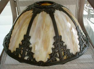 Antique 8) Panel Curved Slag Glass Shade Only W/ Ornate Fretwork 19 1/4 " Ac.  N/r