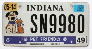Indiana 2013 Pet Friendly License Plate,  Sn 9980,  Dog Cat Graphics,  Specialty