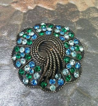 Vtg Kramer of York Light Blue,  Clear & Emerald Green Rhinestones Pin Brooch 2