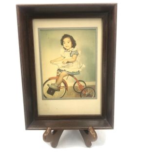 Vintage Mid Century Framed Colored Photograph Girl On Tricycle 6” X 8”
