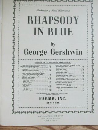 George Gershwin ' s Rhapsody In Blue Piano Solo Sheet Music Harms,  Inc VTG 2