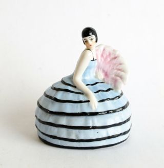 Antique German Art Deco Figural Lady W/ Fan Porcelain Vanity Powder Box Jar Doll