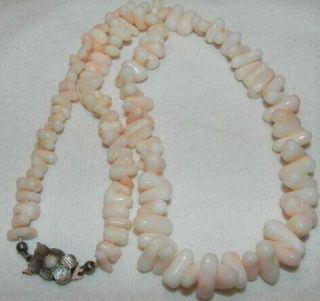 Vintage Pink Peach Mother Of Pearl Shell Bead 21 " Necklace Sterling Silver Clasp