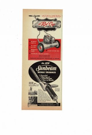 Vintage 1948 Red Cap Automatic Power Mower Sunbeam Hedge Trimmer Ad Print