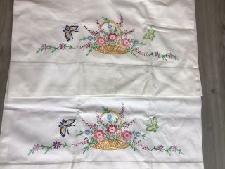 Vintage White Cotton Pillowcases Embroidered Basket Of Flowers,  Butterflies