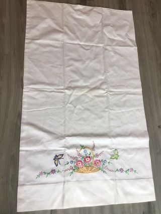 Vintage White Cotton Pillowcases Embroidered Basket Of Flowers,  Butterflies 2
