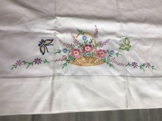 Vintage White Cotton Pillowcases Embroidered Basket Of Flowers,  Butterflies 3