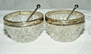 Antique Victorian Sterling Silver Rim Crystal Salts Silver Spoons Maker Tp 1896