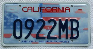 California Graphic " We Will Never Forget " (9/11/2001) License Plate