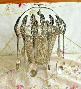 Stunning Vintage 13 Piece Set White Metal Filigree Basket With Folks And Spoons