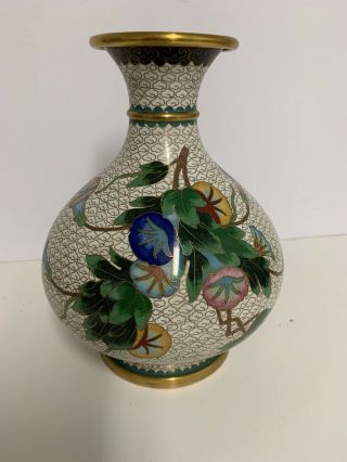 Large Vintage Jingfa Cloisonne Gilt Copper Enamel Vase Flowers And Bird 8 1/2 "