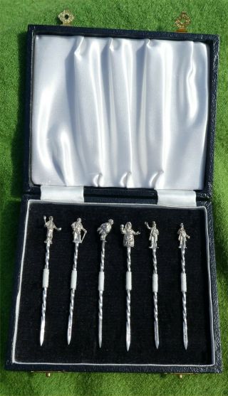 Six Silver Cocktail Sticks With Dickens Character Finials - Birmingham 1973