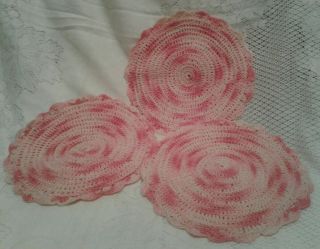 3 Vintage Pink Hand Crochet Pot Holders Doilies Hot Pads 7.  5 " Pretty Gift