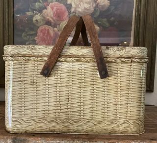 Vintage Tin Picnic Basket With Wood Handles