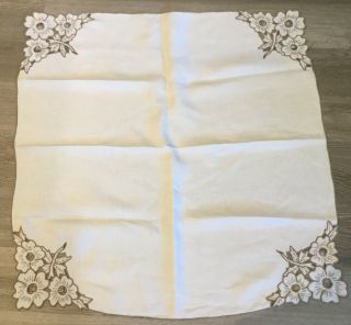 Vintage Small Tablecloth,  Embroidered Flowers & Leaves,  Linen,  Very Light Beige