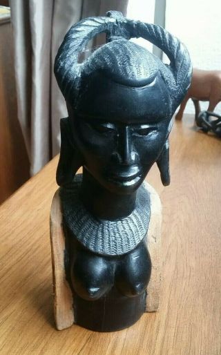 Vintage African Hand Carved Ebony Tribal Maasai Woman Statue Bust