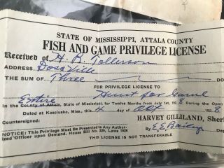 Antique 1928 ATTALA COUNTY - MISSISSIPPI Hunting & Fishing paper license 3
