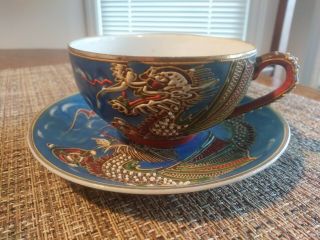 Vintage Porcelain Blue Dragonware Moriage Cup&saucer W/lithopane Portrait,  Japan