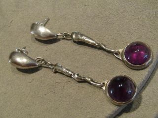 Vintage Sterling Silver Artisan Handcrafted Cabochon Amethyst Dangle Earrings