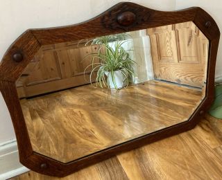 Antique Vintage Arts & Crafts Oak Wooden Framed Shield Shaped Bevelled Mirror
