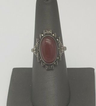 Vintage Art Deco Sterling Silver Marcasite And Carnelian Stone Ring Size 8.  25