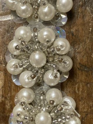 76” Vtg Novelty Sewing Trim - White Silver Pearl Beaded Sequin Flowers/stars