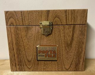 Vintage Porta - File Metal Locking File Box W/ Key Brown Wood Grain 12x5.  5” 10”