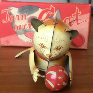 Vintage Turn Over Cat Wind Up Tin Lithograph Toy And Key