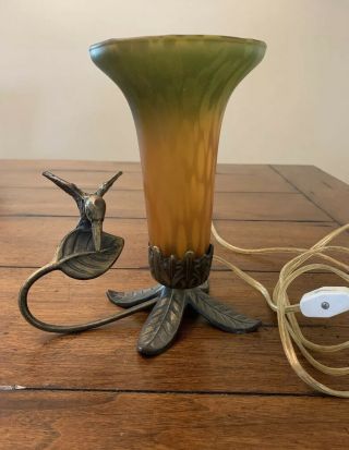 Vintage Hummingbird Brass Accent Table Lamp With Glass Tulip Shade