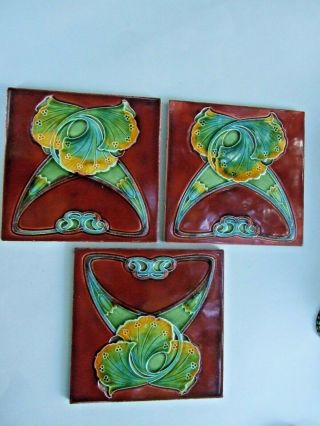 Antique Set Of 3 English Art Nouveau Ceramic Tiles - Mauve And Green Floral.