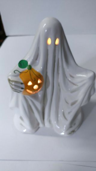 Vintage Unique Ceramic Light Up Ghost W/pumpkin Halloween