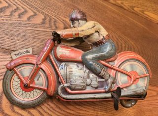 Antique Germany Technofix Tin Litho Wind Up Motorcycle Toy G.  E.  258