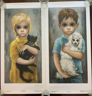(2) Walter Keane Vintage Japan Lithographs Girl - Cat Boy - Dog 14” X 29” Big Eye