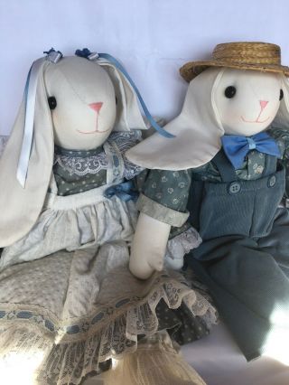 Vintage Bunny Rabbits Rag Doll Shelf Sitter Blue White Farmhouse Cottage Decor