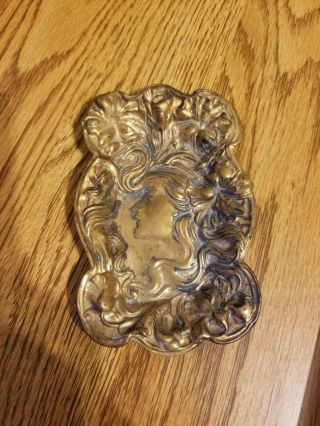 Antique Art Nouveau Lady Stamped Brass Pin Tray - Calling Card 4 1/2” X 3”