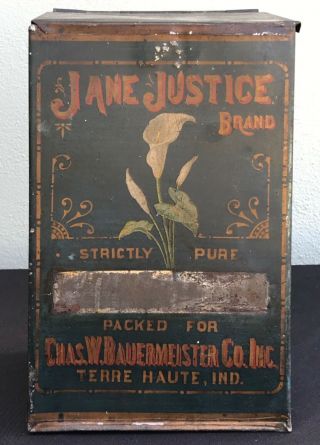 Antique Tin Jane Justice Terre Haute Indiana 10 5/8” Box Nr
