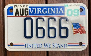 Virginia Va Motorcycle " United We Stand " License / Number Plate 666