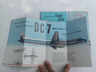 3 1950 ' s United Airlines DC - 7 Mainliner Brochures FOLD OUT & FLIGHT PLAN 1954 - 55 2