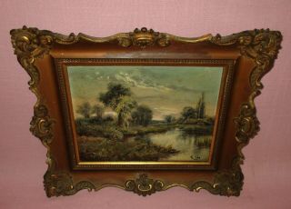 Antique 19th C Oil On Canvas Painting Edwin Cole British Water Outdoor Landscape