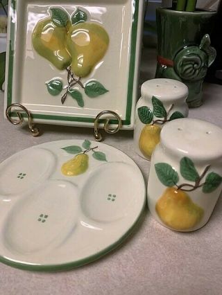 Vintage Ceramic Yellow Pear Trivet,  Triple Spoon Rest And Salt And Pepper Shaker
