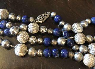 Estate Vintage Sterling Silver And Lapis Lazuli Bead Necklace 26 " Length