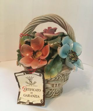 Capodimonte Vintage Flowers In Basket Centerpiece Porcelain Italy Multicolored