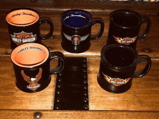 Harley Davidson 2003 Mug Shot Glasses,  Ceramic,  Set Of 4 With Bonus Shot Mug