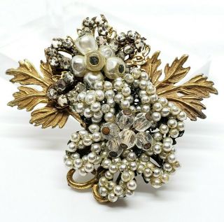 Vintage Signed By Robert Gold Gilt Brass Faux Pearl & Gem Floral Brooch