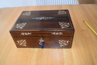 Antique Sewing / Jewellery Box In Rosewood With Mother Of Pearl Inlay