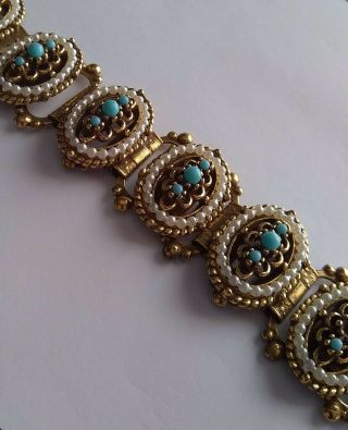 Vintage Florenza Art Style Victorian Revival Book Chain Faux Pearl Bracelet